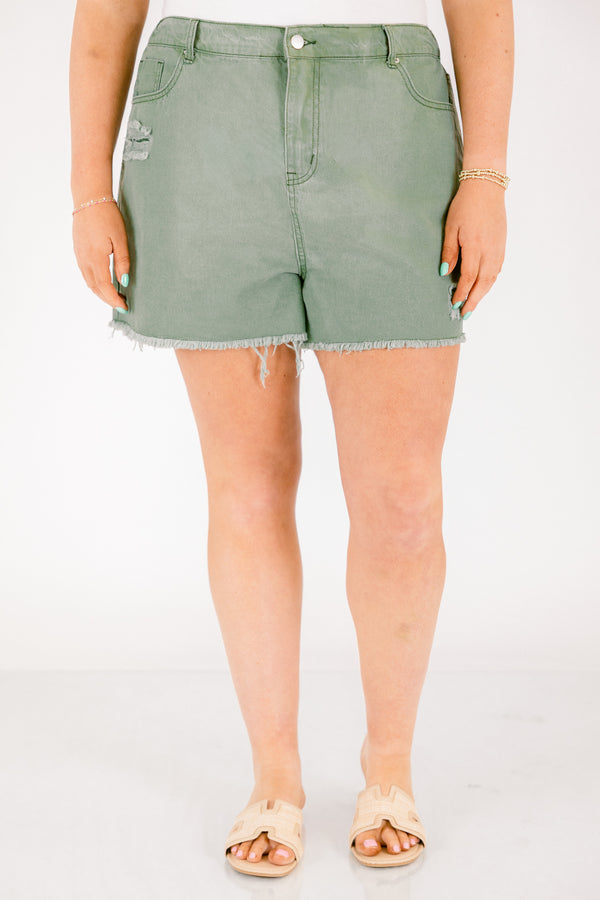 Chic Soul plus size clothing, olive green shorts with button and zipper fly and distressing under the front right pocket