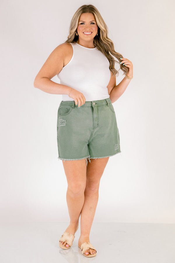 Chic Soul plus size clothing, olive green shorts with button and zipper fly and distressing under the front right pocket