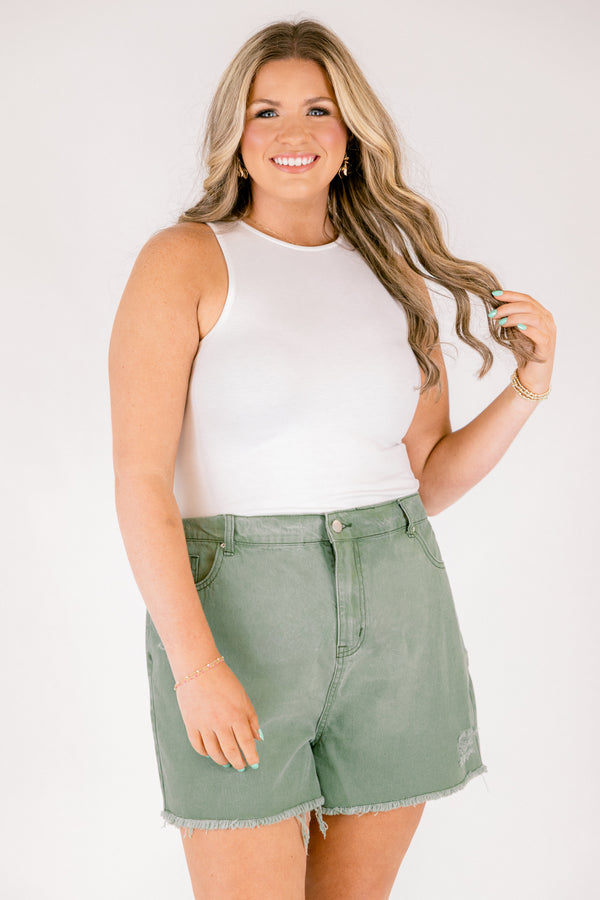 Chic Soul plus size clothing, olive green shorts with button and zipper fly and distressing under the front right pocket