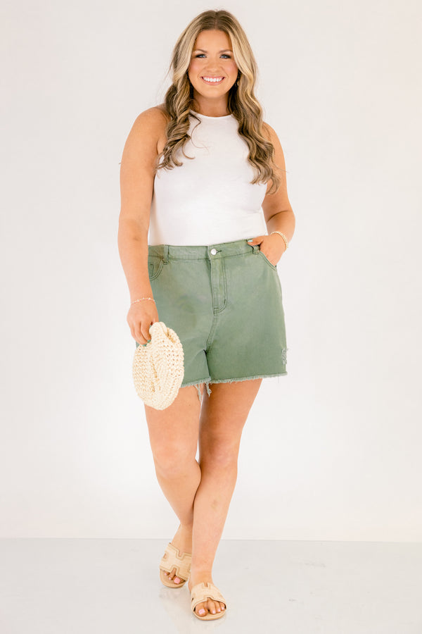 Chic Soul plus size clothing, olive green shorts with button and zipper fly and distressing under the front right pocket