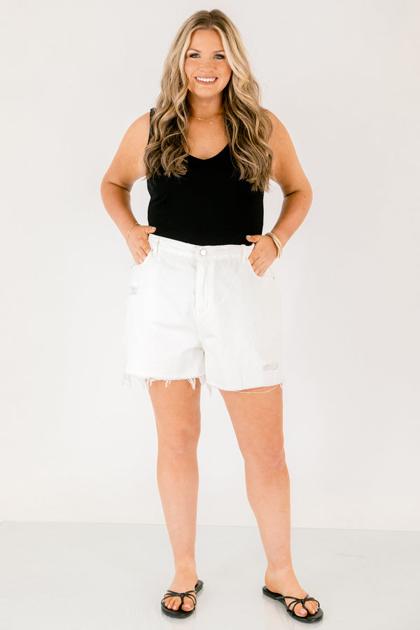 Chic Soul plus size clothing, white midthigh length distressed denim shorts