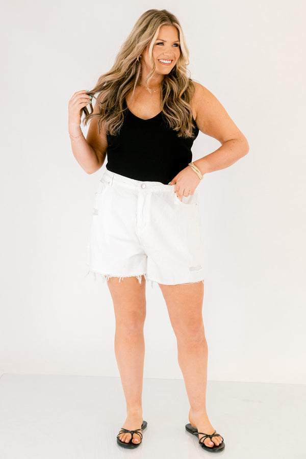 Chic Soul plus size clothing, white midthigh length distressed denim shorts