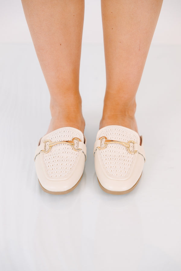 Chic Soul plus size clothing, ivory closed toe mules with an open back and a white strap going across the top of the foot with a gold buckle detail