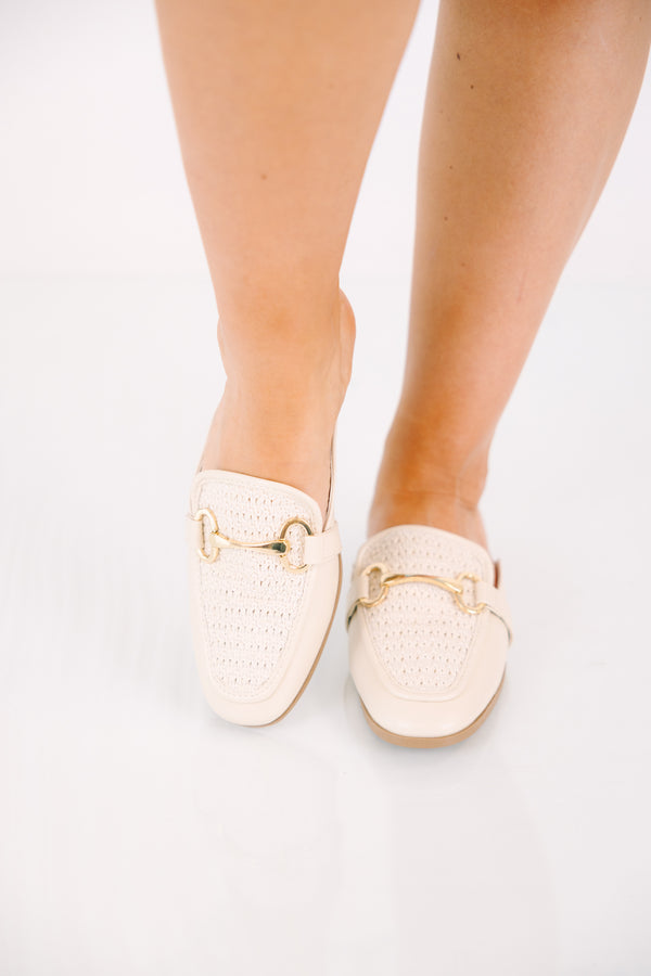 Chic Soul plus size clothing, ivory closed toe mules with an open back and a white strap going across the top of the foot with a gold buckle detail
