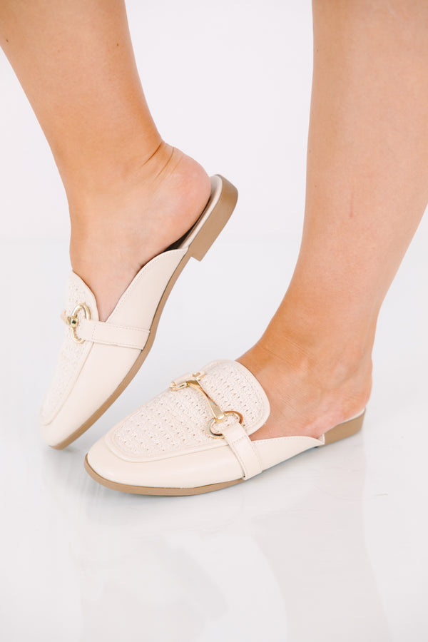 Chic Soul plus size clothing, ivory closed toe mules with an open back and a white strap going across the top of the foot with a gold buckle detail