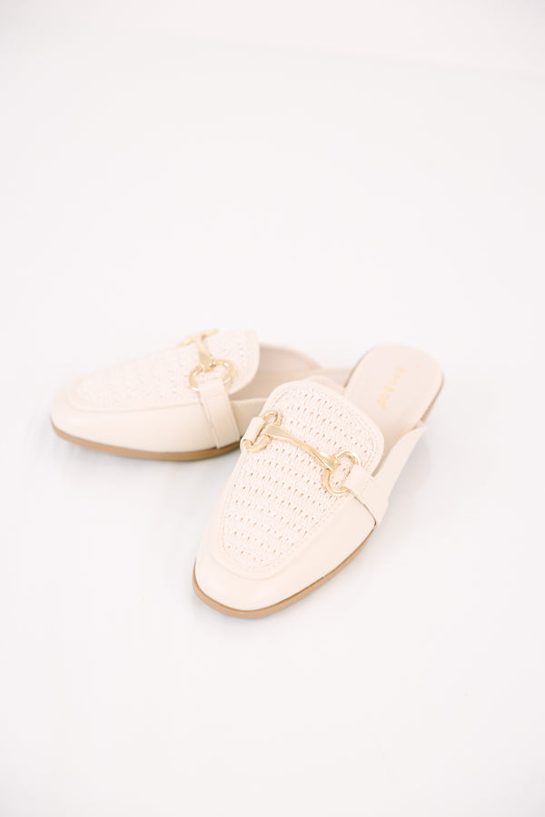 Chic Soul plus size clothing, ivory closed toe mules with an open back and a white strap going across the top of the foot with a gold buckle detail