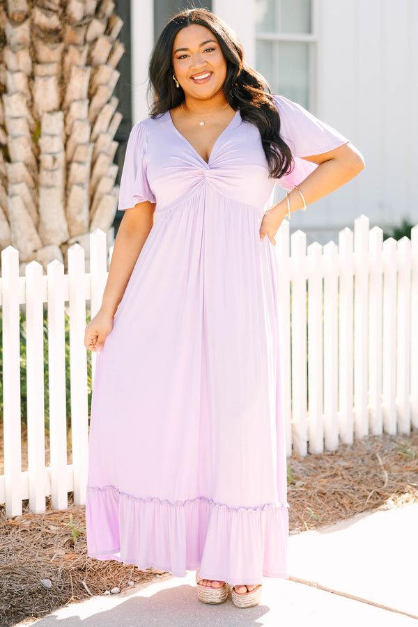 Chic Soul plus size clothing, lilac maxi dress with short flutter sleeves and twist at front