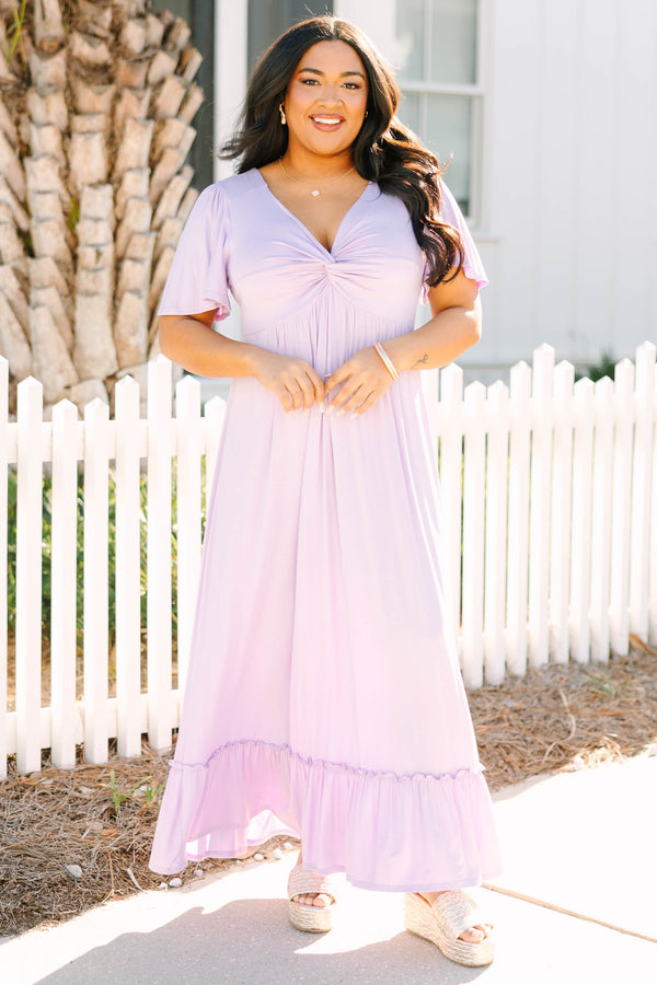 Chic Soul plus size clothing, lilac maxi dress with short flutter sleeves and twist at front