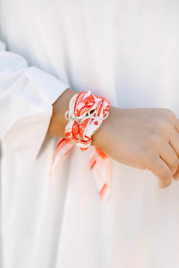 Chic Soul plus size clothing, red and white patterned bandana with gold chain wrapped around bracelet