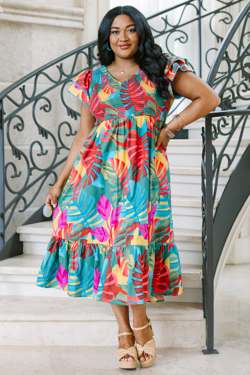 tropical midi dress Booked The Trip Dress, Pink Tropical – Chic Soul