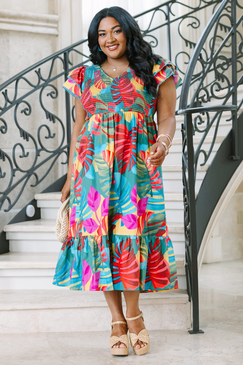midi dress tropical Booked The Trip Dress, Pink Tropical – Chic Soul