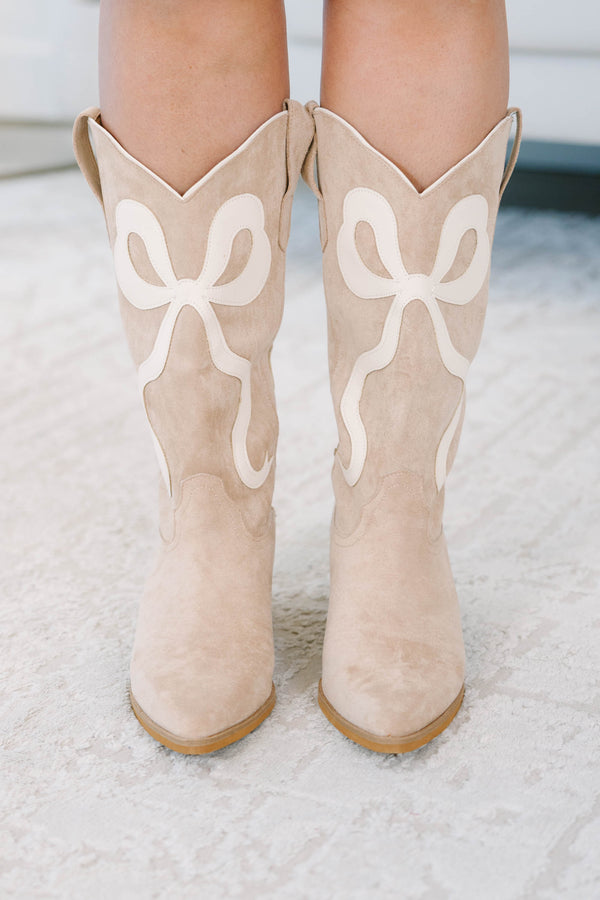 Plus Size apricot suede cowboy boots with white bow embroidery and a stacked block heel.