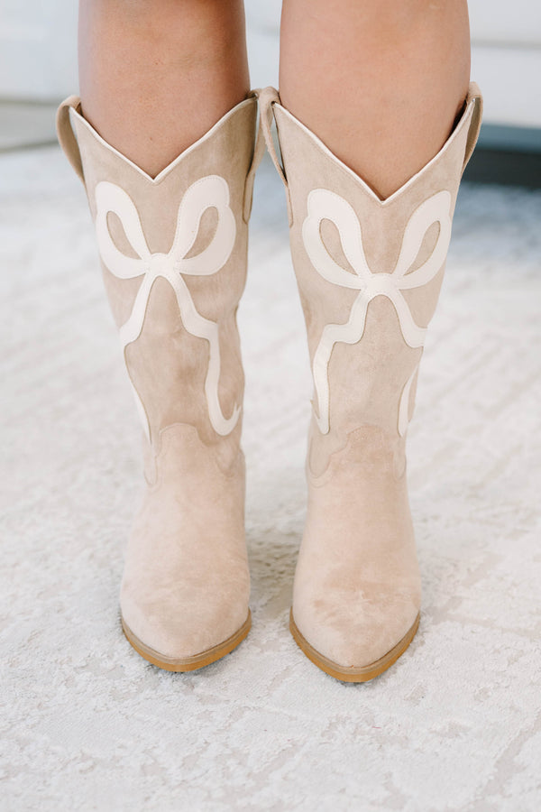 Plus Size apricot suede cowboy boots with white bow embroidery and a stacked block heel.