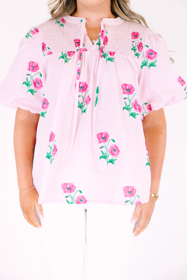 Chic Soul plus size clothing, light pink puff short sleeve top with dark pink and green flowers scattered on it with v neck cutout 