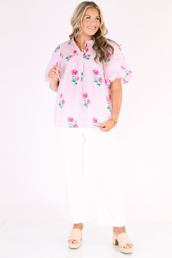 Chic Soul plus size clothing, light pink puff short sleeve top with dark pink and green flowers scattered on it with v neck cutout 