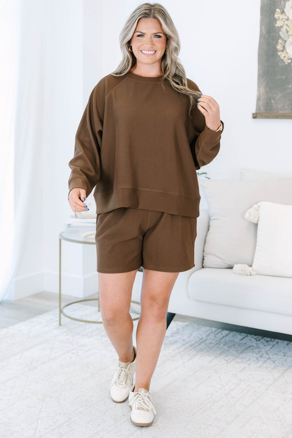 Plus size clothing, brown ribbed set with long sleeves and matching shorts