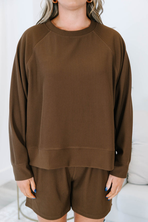 Plus size clothing, brown ribbed set with long sleeves and matching shorts