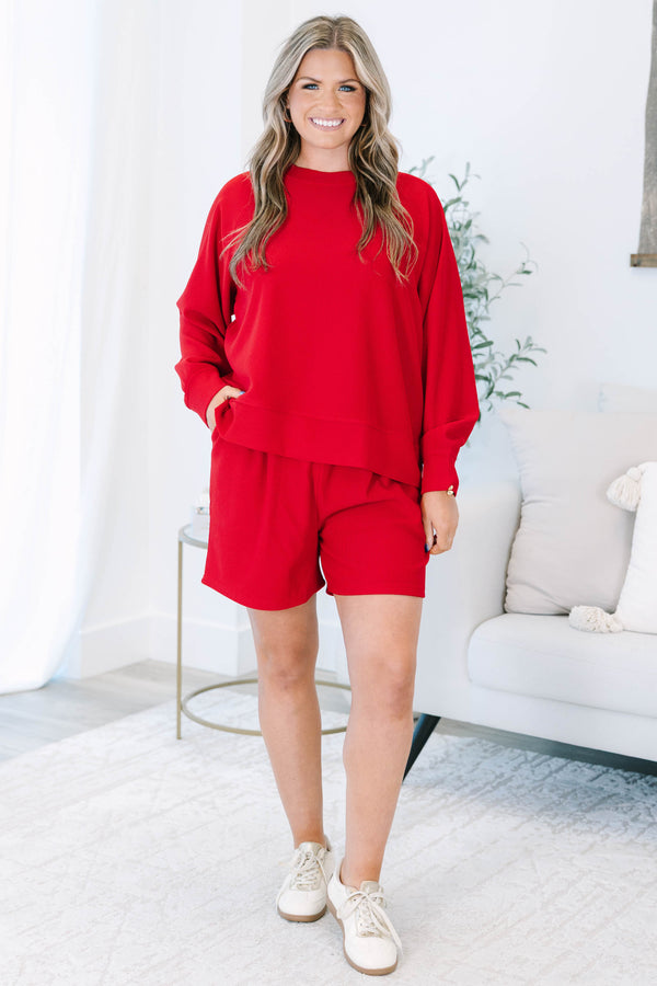 Plus size clothing, red ribbed set with long sleeves and matching shorts