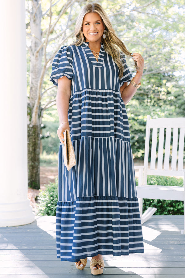 Chic Soul plus size clothing, navy and white striped short puff sleeve tiered maxi dress with v neckline cutout 