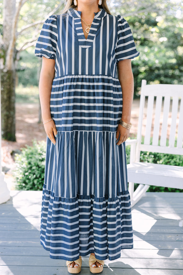 Chic Soul plus size clothing, navy and white striped short puff sleeve tiered maxi dress with v neckline cutout 