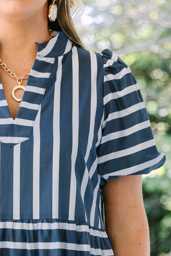 Chic Soul plus size clothing, navy and white striped short puff sleeve tiered maxi dress with v neckline cutout 
