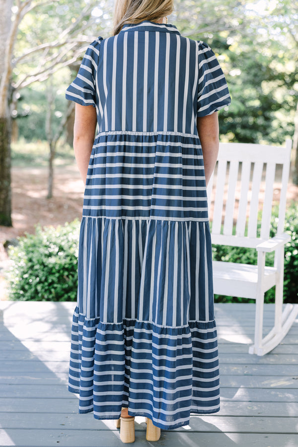 Chic Soul plus size clothing, navy and white striped short puff sleeve tiered maxi dress with v neckline cutout 