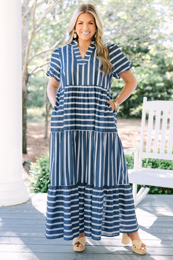Chic Soul plus size clothing, navy and white striped short puff sleeve tiered maxi dress with v neckline cutout 