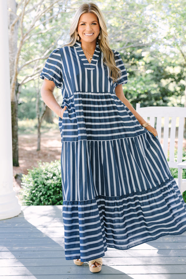 Chic Soul plus size clothing, navy and white striped short puff sleeve tiered maxi dress with v neckline cutout 