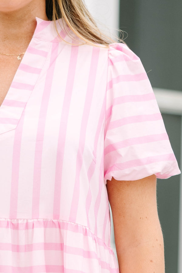 Chic Soul plus size clothing, pink tiered maxi dress with a horizontal striped pattern and bubble sleeves 