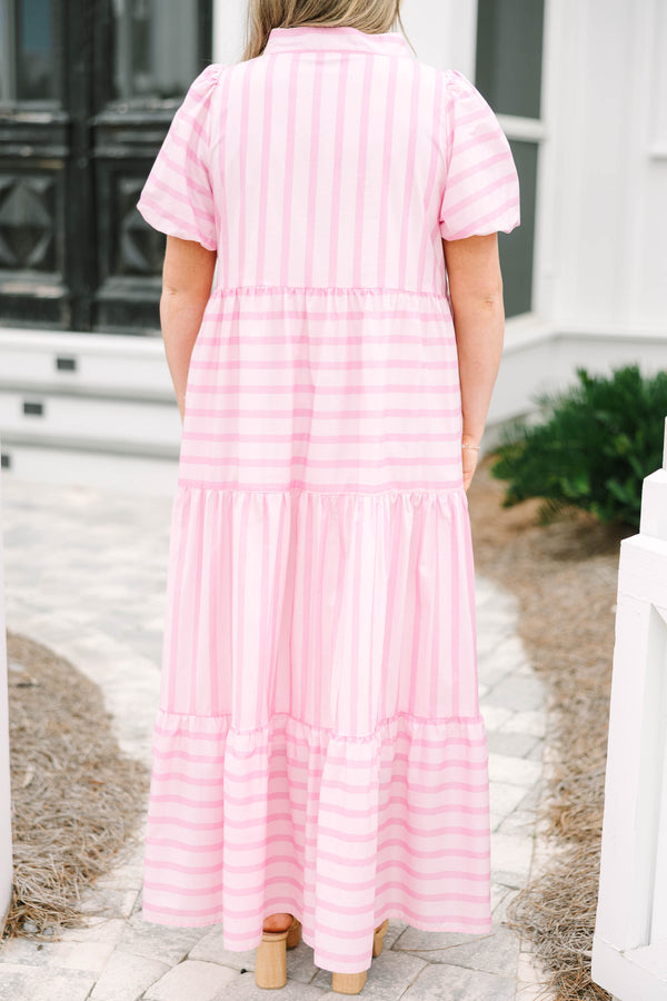 Chic Soul plus size clothing, pink tiered maxi dress with a horizontal striped pattern and bubble sleeves 