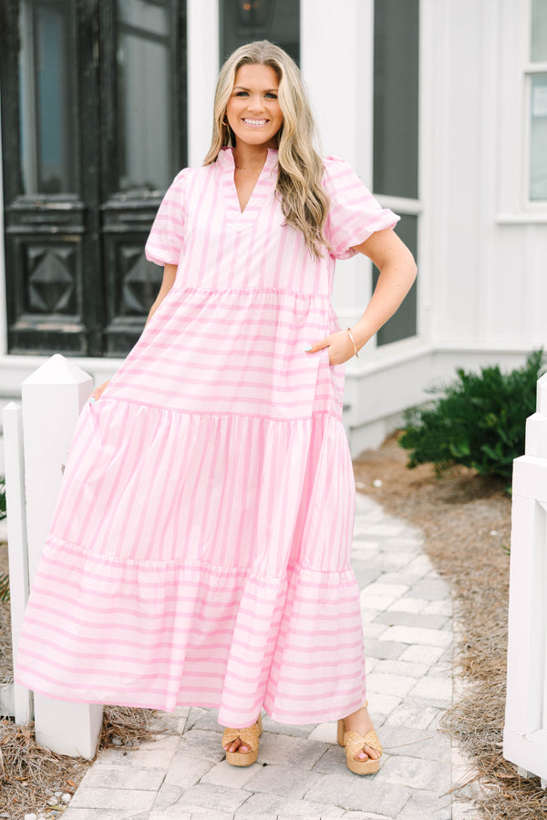 Chic Soul plus size clothing, pink tiered maxi dress with a horizontal striped pattern and bubble sleeves 