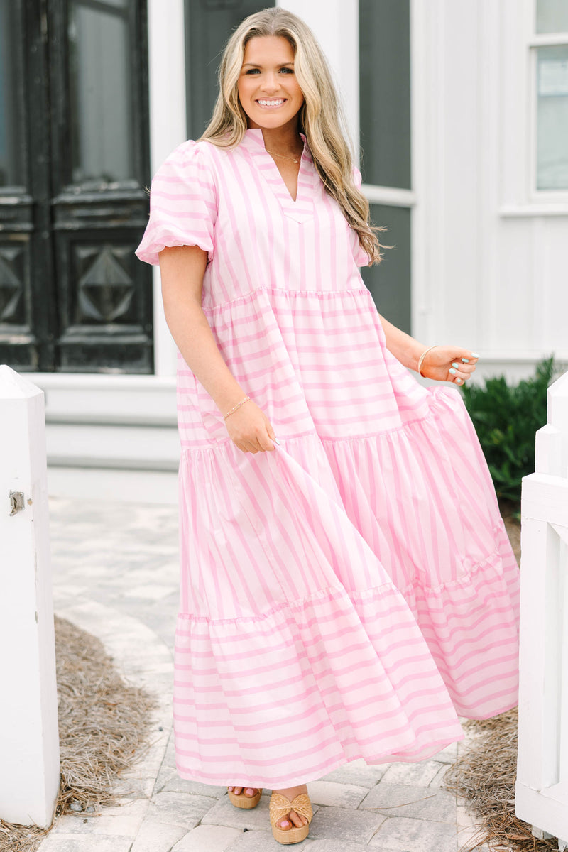 pink pattern maxi dress PrettyLittleThing Women's Polka Dot Satin Plunge Extreme Frill Hem Maxi Dress in Pink