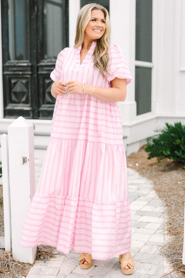 Chic Soul plus size clothing, pink tiered maxi dress with a horizontal striped pattern and bubble sleeves 