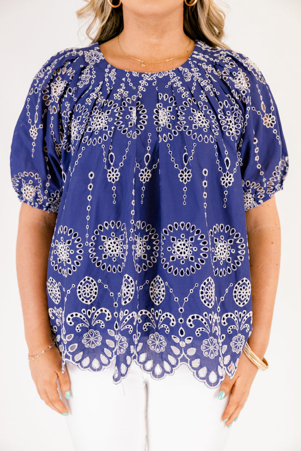Chic Soul plus size clothing, navy short bubble sleeve top with white eyelet embroidery and scallop hem
