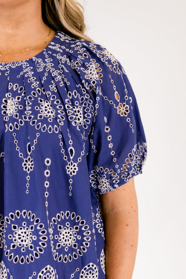 Chic Soul plus size clothing, navy short bubble sleeve top with white eyelet embroidery and scallop hem