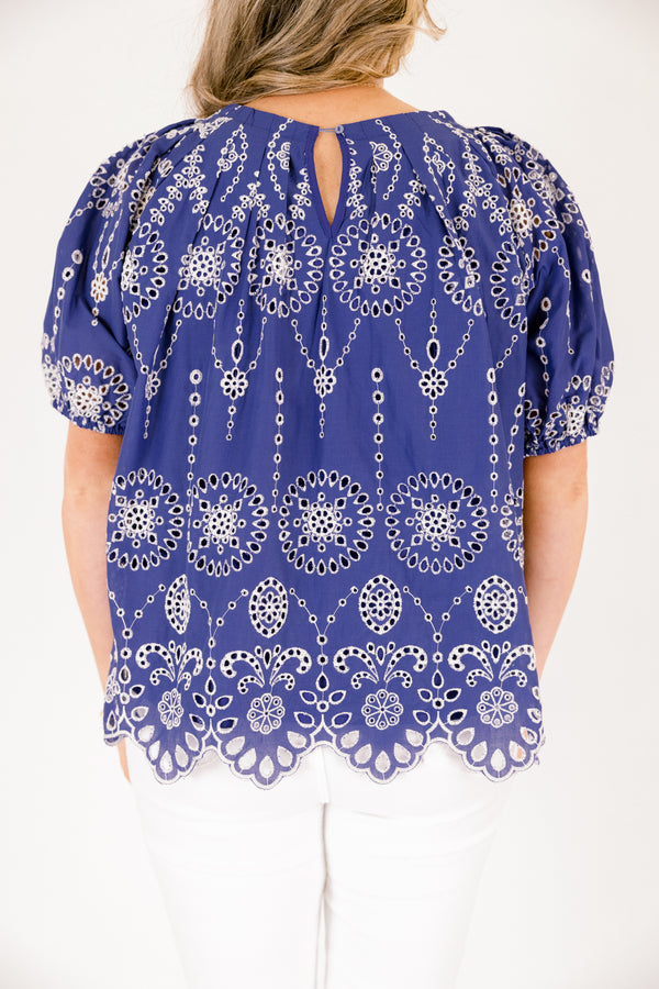Chic Soul plus size clothing, navy short bubble sleeve top with white eyelet embroidery and scallop hem