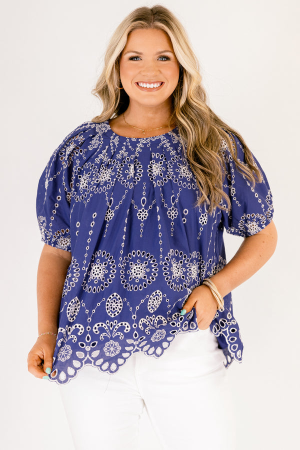 Chic Soul plus size clothing, navy short bubble sleeve top with white eyelet embroidery and scallop hem