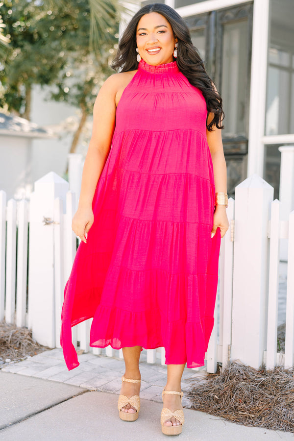 Chic Soul plus size clothing, pink halter sleeveless maxi dress with ruffle detail along neckline