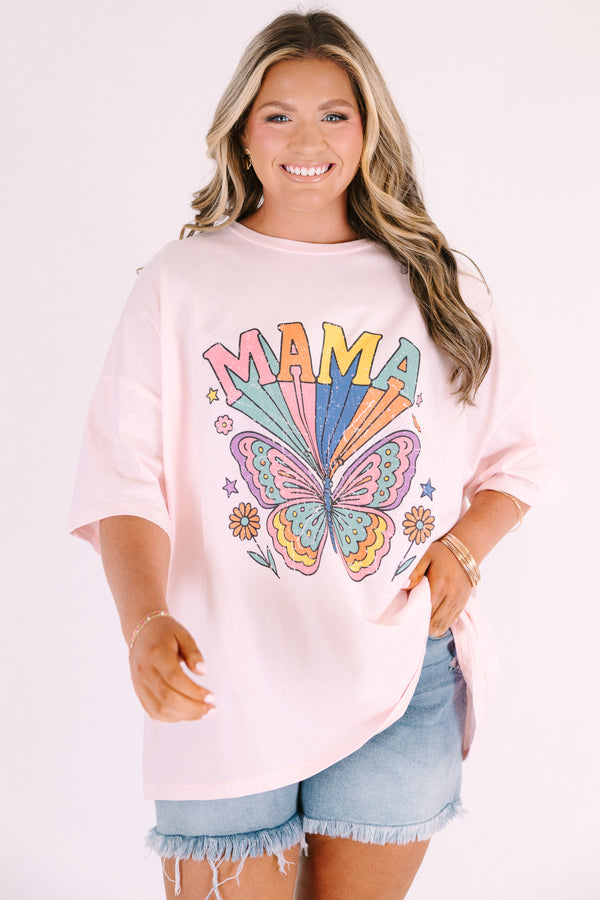 Chic Soul plus size clothing, cream pink short sleeve graphic tee with a multi color butterfly and flower graphics on the center of the shirt and the word 