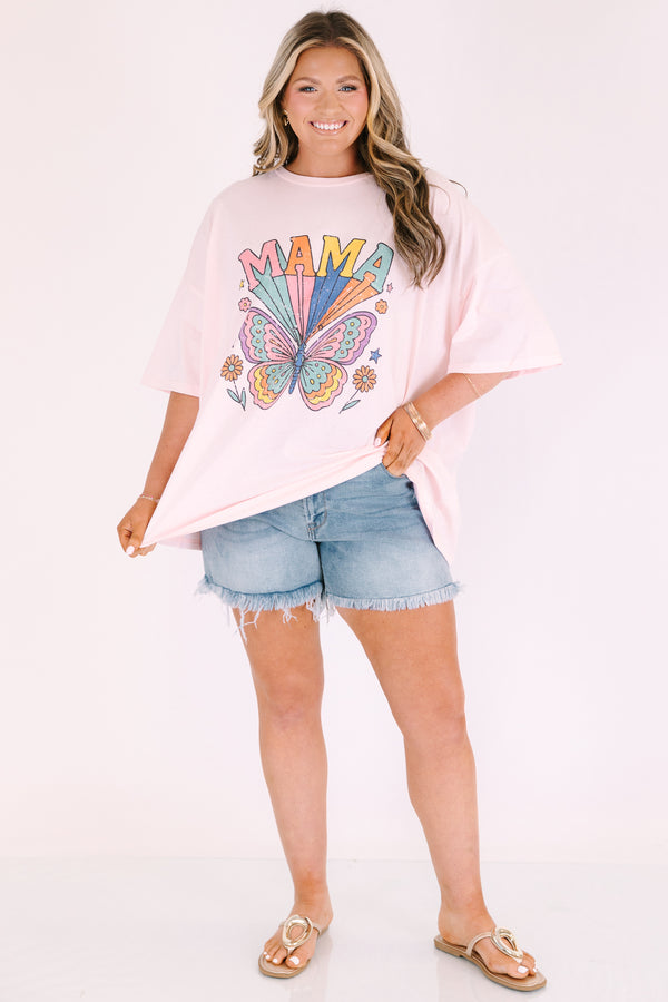 Chic Soul plus size clothing, cream pink short sleeve graphic tee with a multi color butterfly and flower graphics on the center of the shirt and the word 