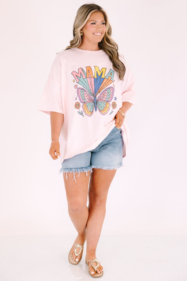 Chic Soul plus size clothing, cream pink short sleeve graphic tee with a multi color butterfly and flower graphics on the center of the shirt and the word 