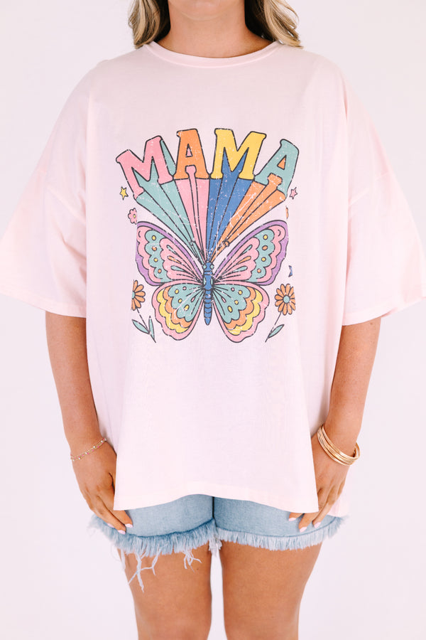 Chic Soul plus size clothing, cream pink short sleeve graphic tee with a multi color butterfly and flower graphics on the center of the shirt and the word 