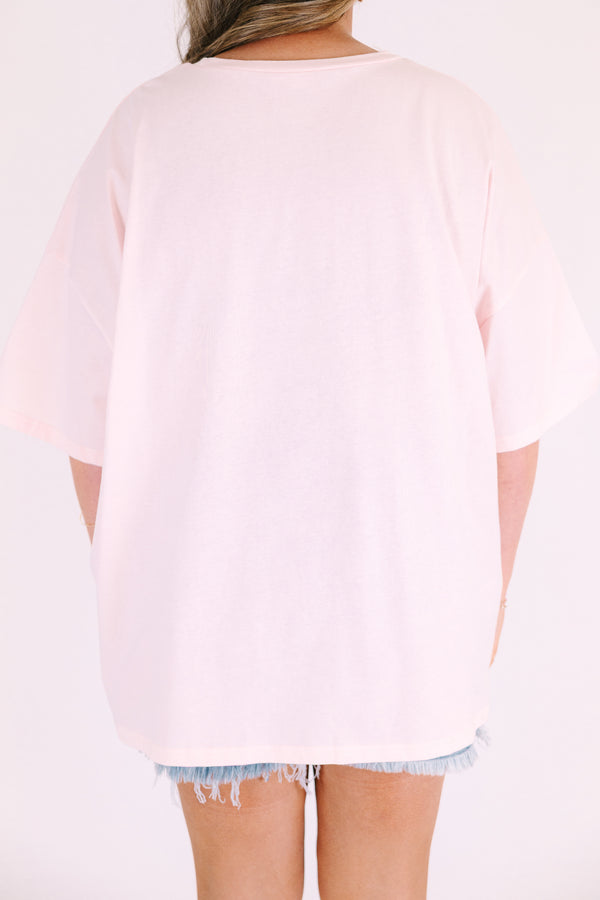 Chic Soul plus size clothing, cream pink short sleeve graphic tee with a multi color butterfly and flower graphics on the center of the shirt and the word 