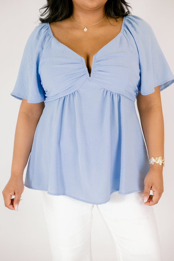 Chic Soul plus size clothing, dusty blue top with bell sleeves as well as a structured deep v-neckline and a bow that ties on the center of the back 