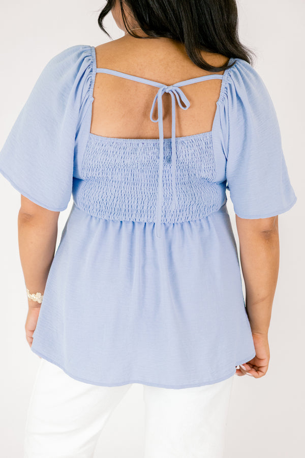 Chic Soul plus size clothing, dusty blue top with bell sleeves as well as a structured deep v-neckline and a bow that ties on the center of the back 