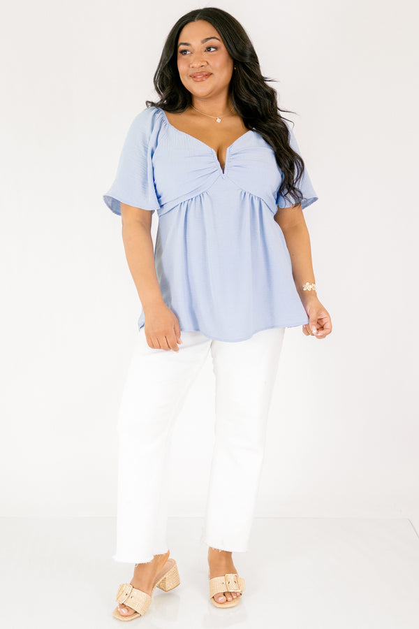 Chic Soul plus size clothing, dusty blue top with bell sleeves as well as a structured deep v-neckline and a bow that ties on the center of the back 