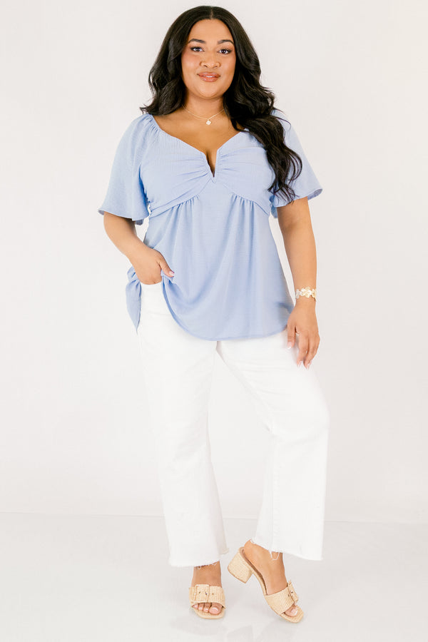 Chic Soul plus size clothing, dusty blue top with bell sleeves as well as a structured deep v-neckline and a bow that ties on the center of the back 