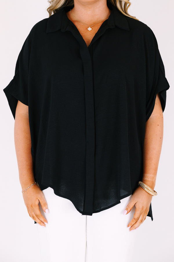 Chic Soul plus size clothing, black button up short sleeve collared top