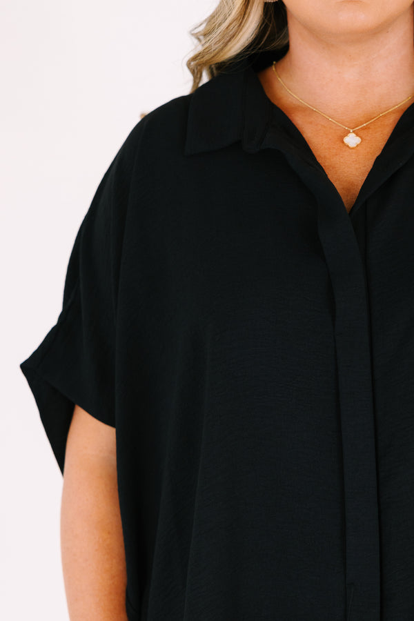 Chic Soul plus size clothing, black button up short sleeve collared top
