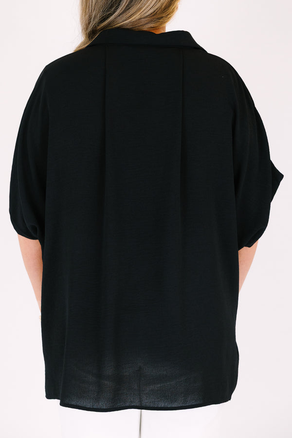 Chic Soul plus size clothing, black button up short sleeve collared top